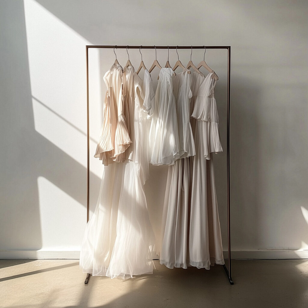 Soft white flowy dresses on a clothing rack as part of the studio wardrobe for photo shoots in a stockholm studio - what to wear for a portrait session