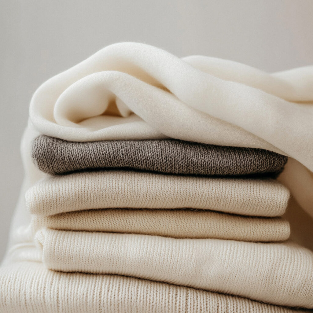 A stack of knitted fabrics in muted neutral tones displaying different textures